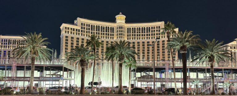 View of the Bellagio Fountains from the Patio at Mon Ami Gabi (and Formula 1 Grandstands)