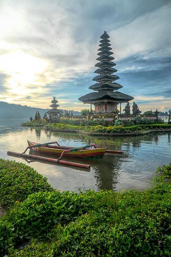 canoe with pagoda in Bali, Indonesia